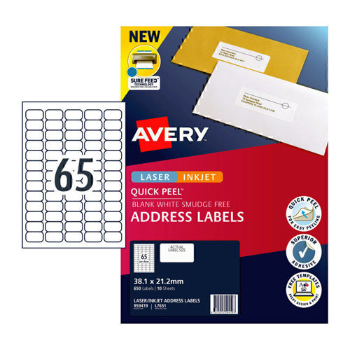 Avery Inkjet Laser Labels 65Up 10pk