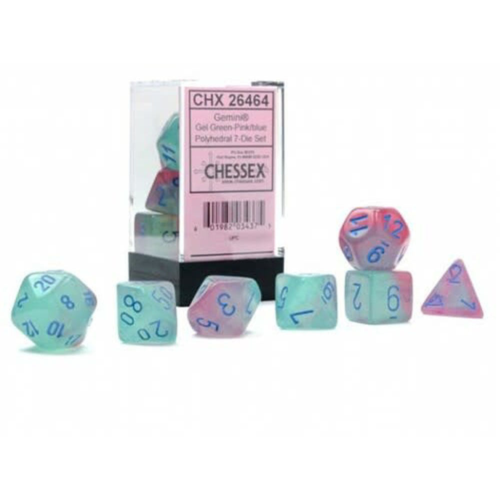 Gemini Luminary Gel Green Polyhedral Dice (Pink/Blue)