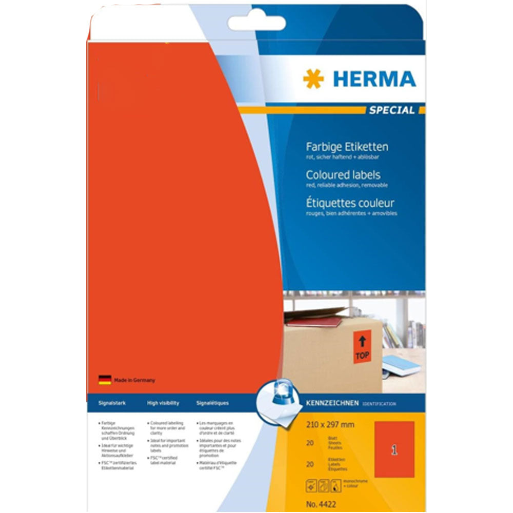 Herma avtagbar färgade etiketter A4 20 st (210x297mm)