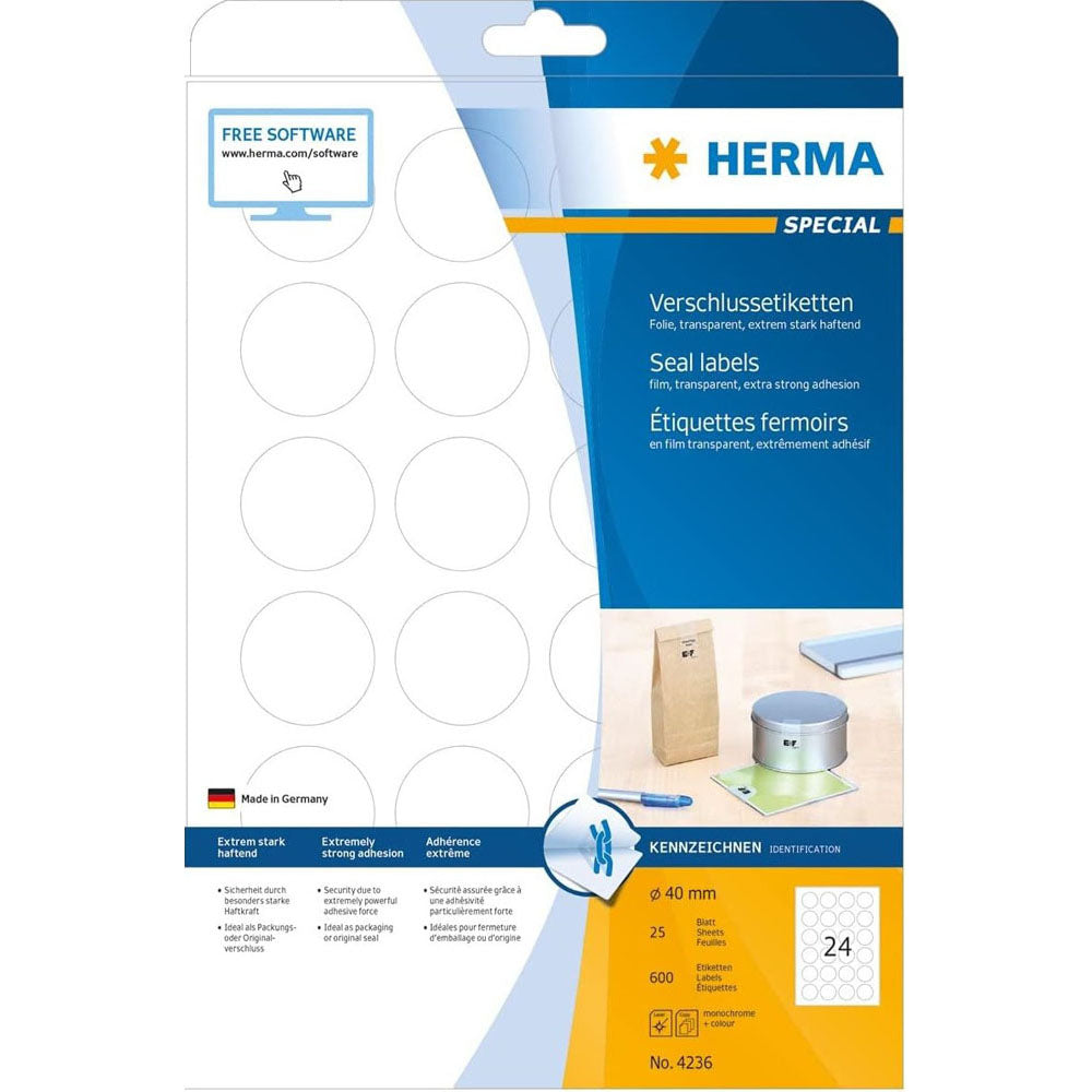 Herma Round Transparent Seal Labels A4 25pc 40mm