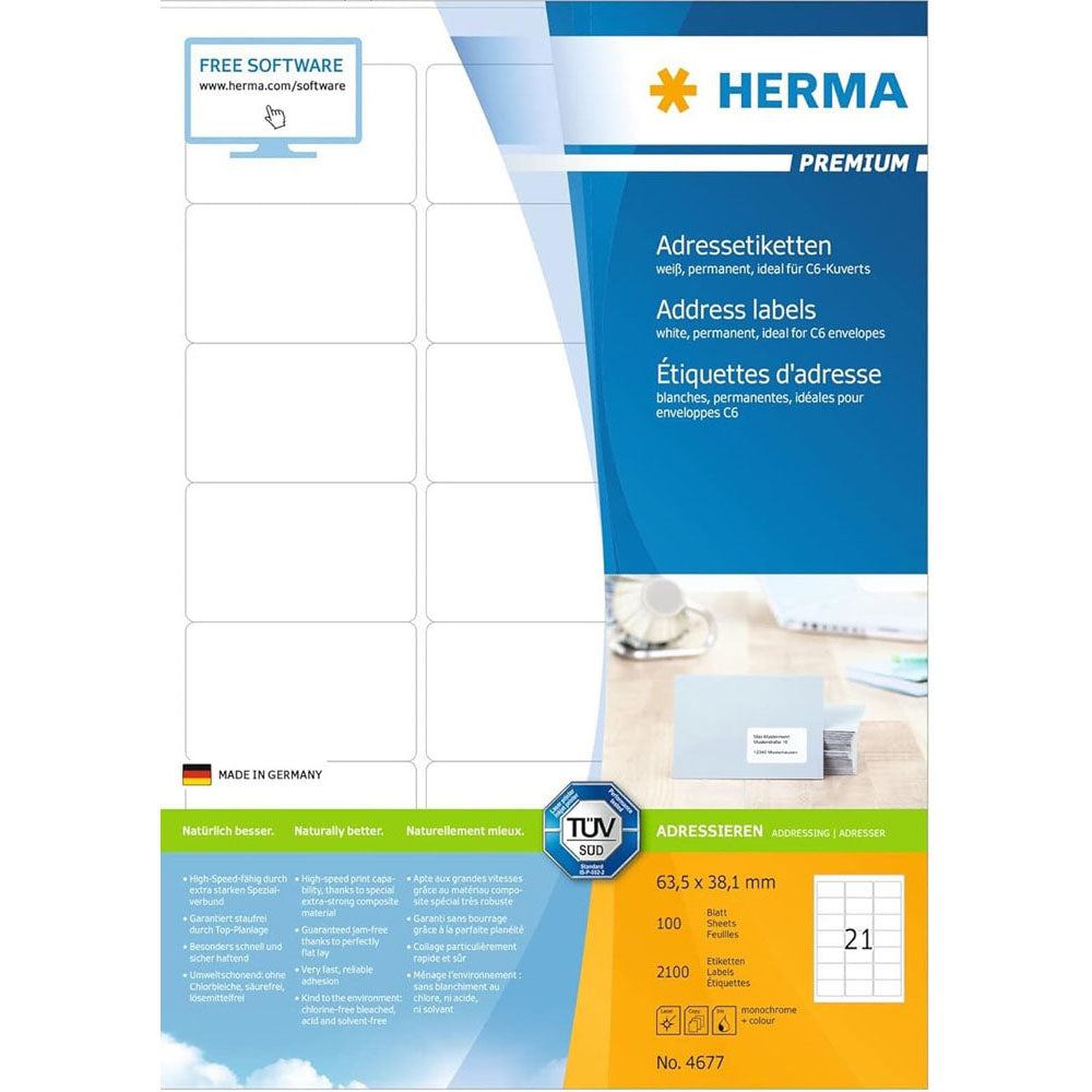 Herma Premium -adressetiketter A4 63,5mm 100 st