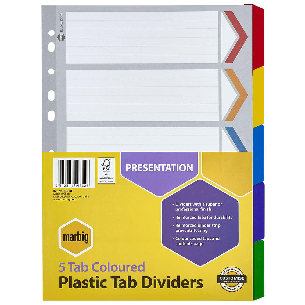 Marbig Manilla Plastic Tab Dividers A4 (kolorowy)