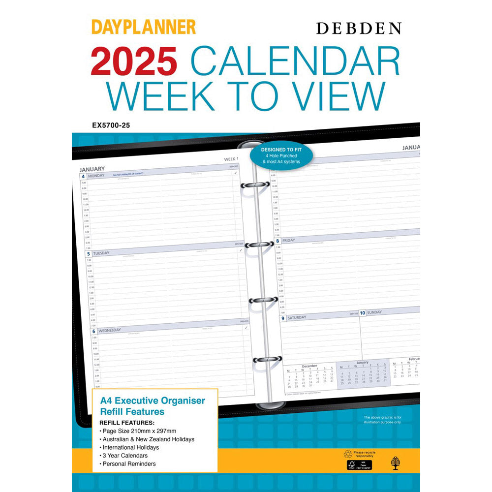 Debden Executive 4-Ring A4 2025 Dayplanner Refill