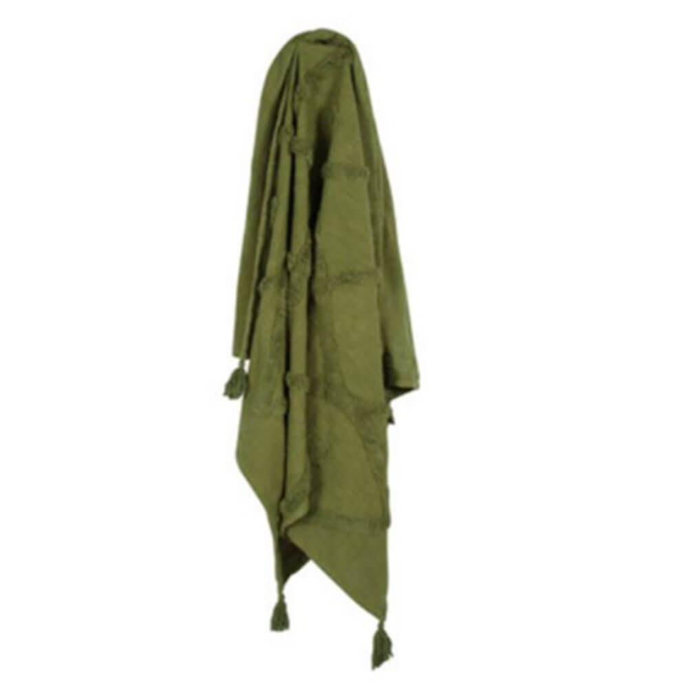 Piol Olive Green Cotton Throw m/ Tassle & Tufting