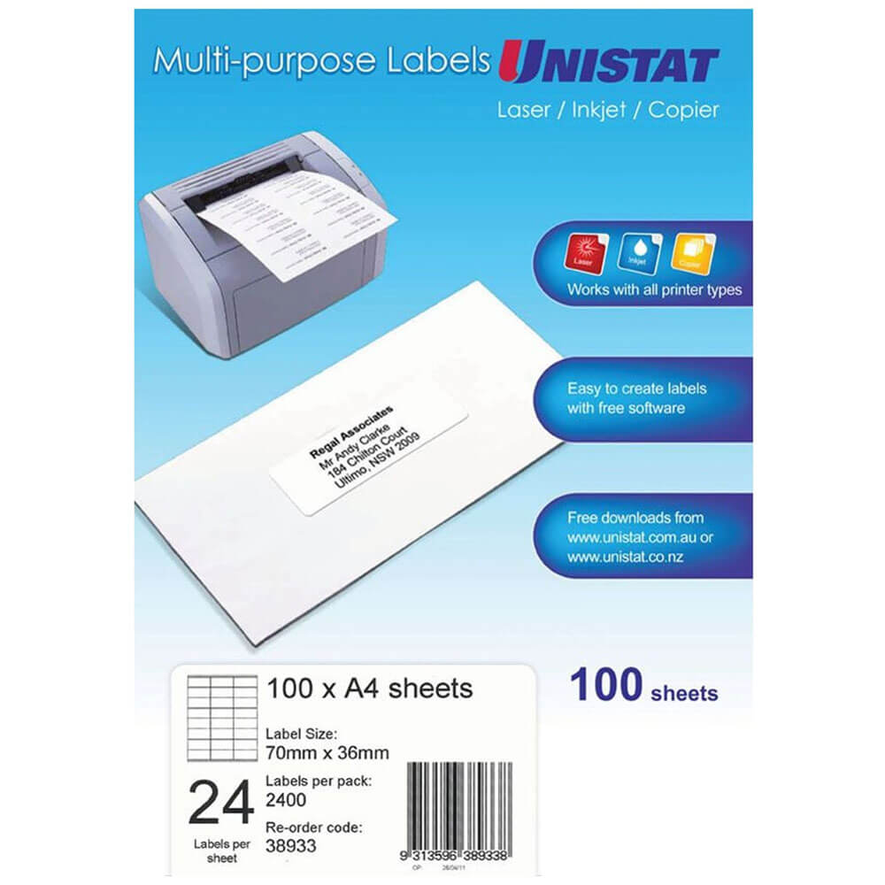 Unistat láser/inyección de tinta/etiqueta de copiadores 100pk