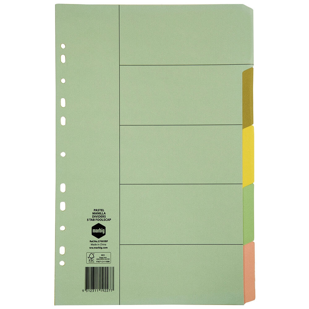 Marbig 5 Tab Manilla Dividers Foolscap (Pastel)